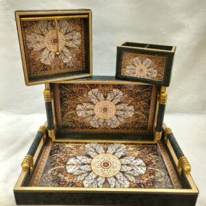 Leatherette Luxury Black & Gold Floral Tableware Set (4-Piece)