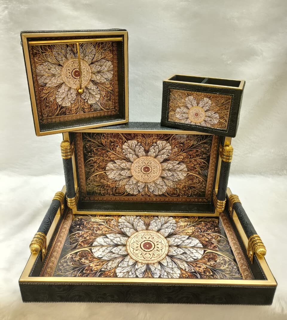 Leatherette Luxury Black & Gold Floral Tableware Set (4-Piece)